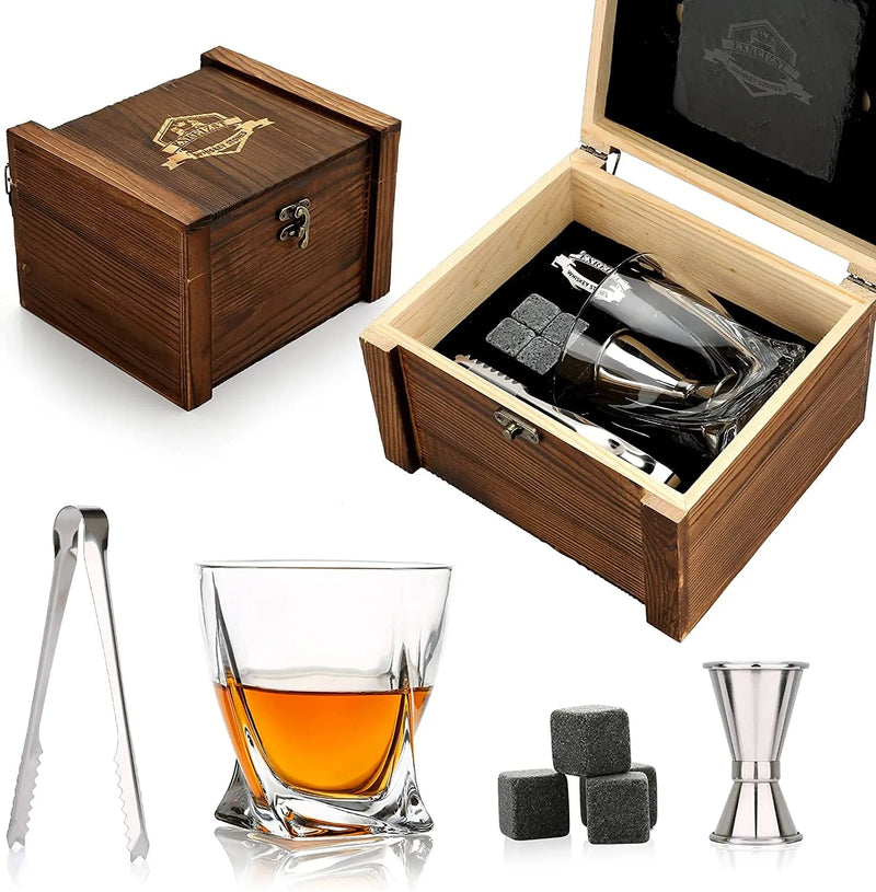 Whiskey Stones Gift Set - Whiskey Glass and Stones - Granite Chilling Rocks -Glass Gift Box Set for Men Dad Ah Fork! CHINA 