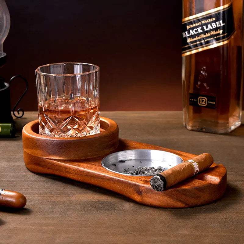 Ashtro Premium Wooden Cup Glass Holder with Ashtray Ashtro Ah Fork! Round 