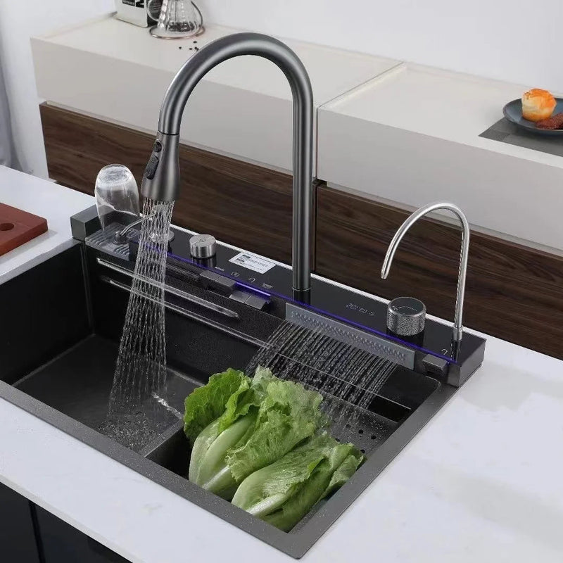 Waterfall Kitchen Sink Stainless Steel Large Single Slot Bionic Honeycomb Black Wash Basin Multifunctional Pull Out Tap Faucet Ah Fork! 